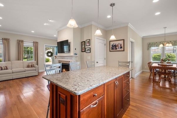 Dining room, Fireplace, Interior, Living room, Pendant Lights, Recessed Lighting, Wood Texture Flooring