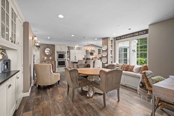 Dining room, Interior, Kitchen, Living room, Recessed Lighting, Stainless Steel Appliances, Wood Texture Flooring