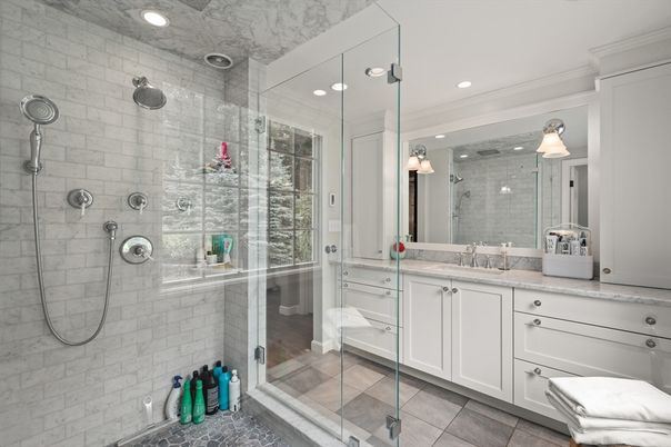 Bathroom, Glass Shower, Interior, Recessed Lighting, Stone Walls