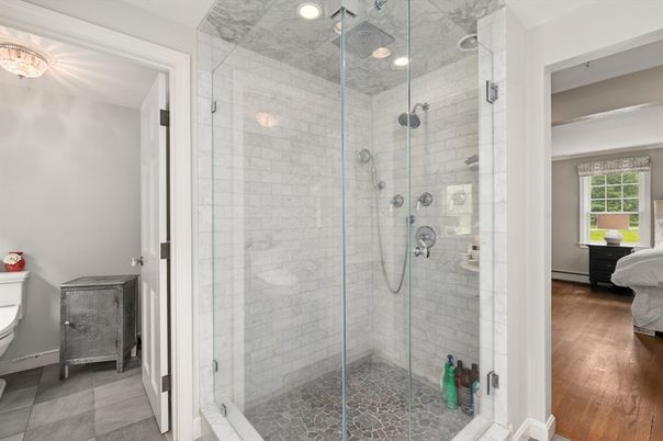 Bathroom, Glass Shower, Interior, Recessed Lighting, Wood Texture Flooring