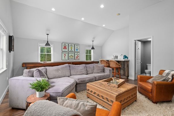 Billiard Table, Game Room, Interior, Living room, Pendant Lights, Recessed Lighting, Wood Texture Flooring