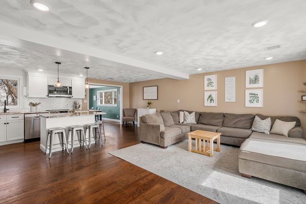 Interior, Kitchen, Living room, Pendant Lights, Recessed Lighting, Stainless Steel Appliances, Wood Texture Flooring