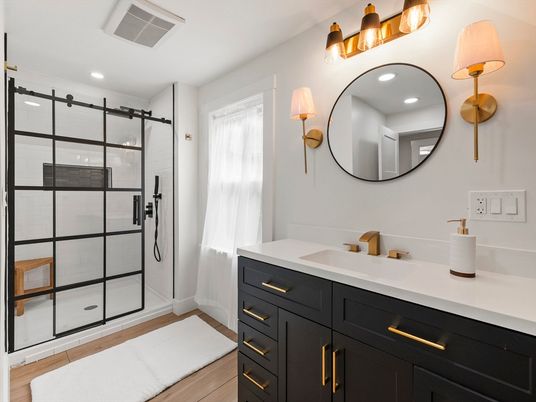 Bathroom, Glass Shower, Interior, Recessed Lighting, Wood Texture Flooring