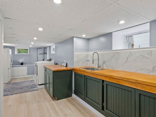 Interior, Kitchen, Marble Walls, Recessed Lighting, Wood Texture Flooring
