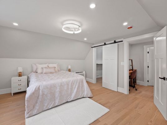 Bedroom, Interior, Recessed Lighting, Wood Texture Flooring