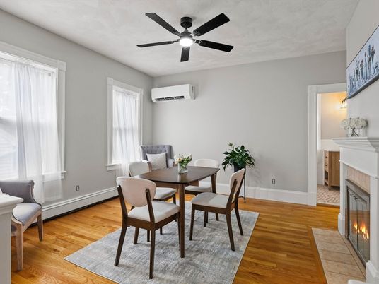 Dining room, Fireplace, Interior, Wood Texture Flooring