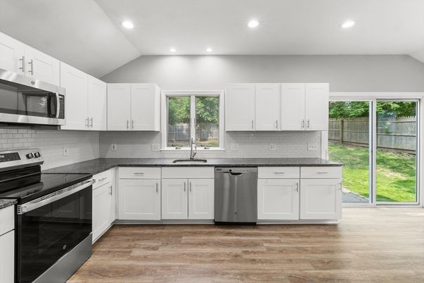 Interior, Kitchen, Recessed Lighting, Stainless Steel Appliances, Wood Texture Flooring
