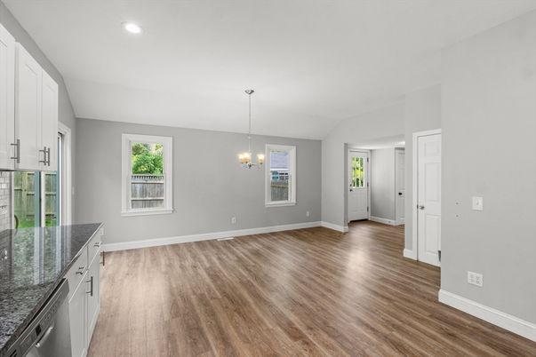 Chandelier, Empty room, Interior, Recessed Lighting, Wood Texture Flooring