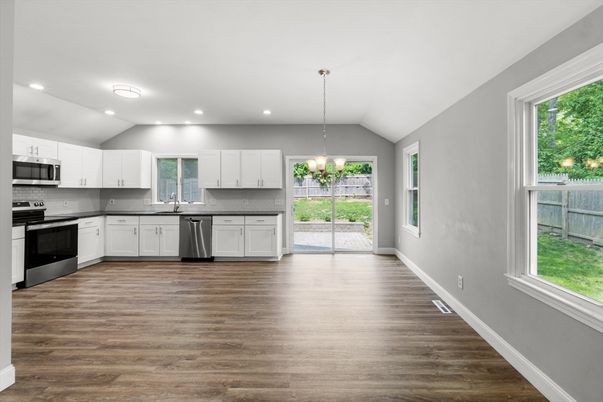 Chandelier, Interior, Kitchen, Recessed Lighting, Stainless Steel Appliances, Wood Texture Flooring