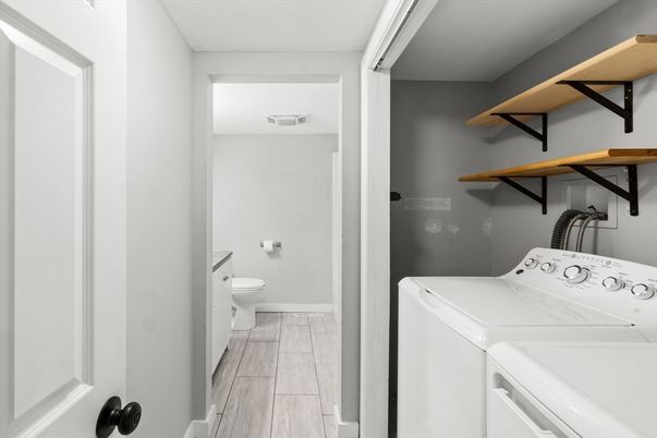 Bathroom, Interior, Washer, Wood Texture Flooring