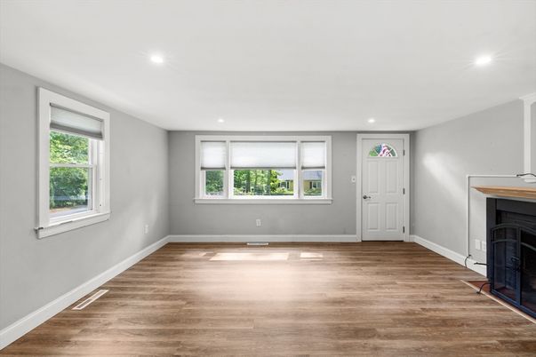 Empty room, Fireplace, Interior, Recessed Lighting, Wood Texture Flooring