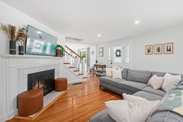 Fireplace, Interior, Living room, Recessed Lighting, Wood Texture Flooring