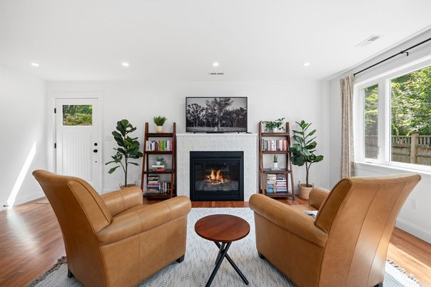 Fireplace, Interior, Living room, Recessed Lighting, Wood Texture Flooring