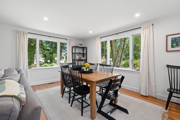 Dining room, Interior, Recessed Lighting, Wood Texture Flooring