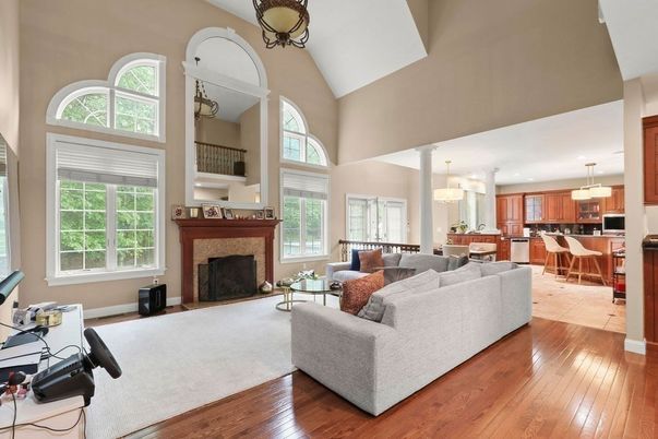 Chandelier, Dining room, Fireplace, Interior, Kitchen, Living room, Pendant Lights, Recessed Lighting, Wood Texture Flooring