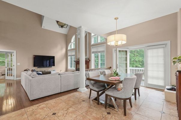 Dining room, Interior, Living room, Pendant Lights, Wood Texture Flooring