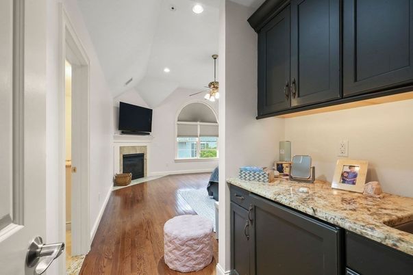 Fireplace, Interior, Recessed Lighting, Wood Texture Flooring