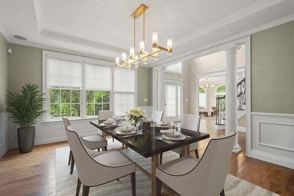 Chandelier, Dining room, Interior, Pendant Lights, Wood Texture Flooring