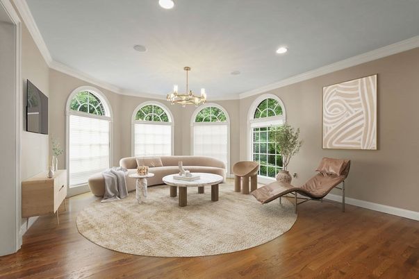 Chandelier, Interior, Living room, Recessed Lighting, Wood Texture Flooring