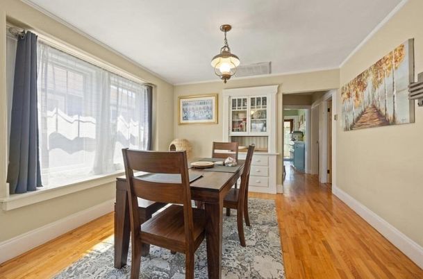 Dining room, Interior, Pendant Lights, Wood Texture Flooring