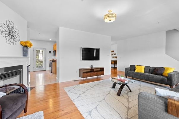 Fireplace, Interior, Living room, Recessed Lighting, Wood Texture Flooring