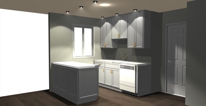 Interior, Kitchen, Tile Countertops, Wood Texture Flooring