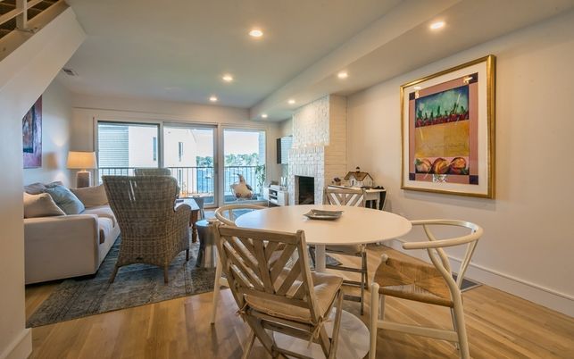 Chandelier, Dining room, Fireplace, Interior, Living room, Recessed Lighting, Wood Texture Flooring