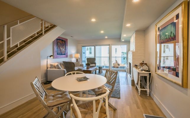 Dining room, Interior, Living room, Recessed Lighting, Wood Texture Flooring