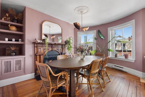 Dining room, Fireplace, Interior, Pendant Lights, Wood Texture Flooring