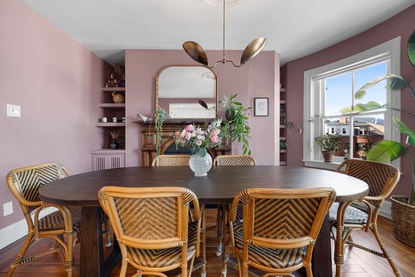 Dining room, Interior, Pendant Lights, Wood Texture Flooring