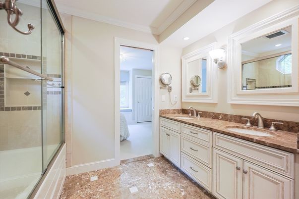 Bathroom, Dual Sink Vanities, Glass Shower, Interior, Recessed Lighting