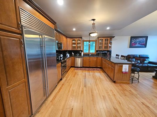 Interior, Kitchen, Pendant Lights, Recessed Lighting, Stainless Steel Appliances, Wood Texture Flooring