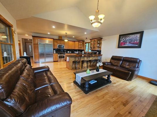 Interior, Kitchen, Living room, Pendant Lights, Recessed Lighting, Stainless Steel Appliances, Wood Texture Flooring