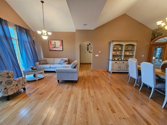 Dining room, Interior, Living room, Pendant Lights, Wood Texture Flooring