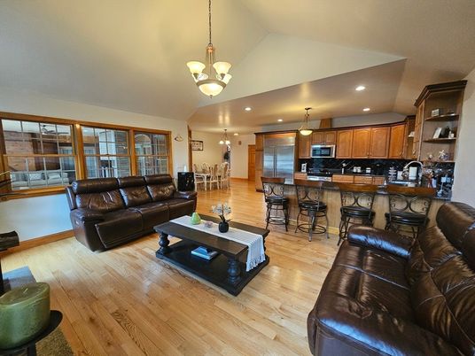 Chandelier, Interior, Kitchen, Living room, Pendant Lights, Recessed Lighting, Wood Texture Flooring