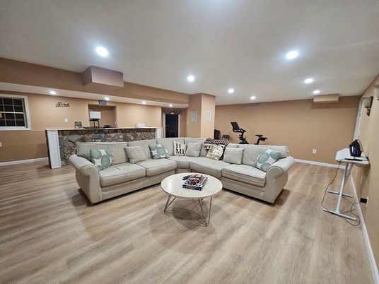 Fitness Equipment, Interior, Living room, Recessed Lighting, Wood Texture Flooring
