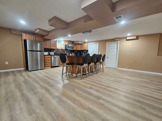 Interior, Kitchen, Recessed Lighting, Stainless Steel Appliances, Wood Texture Flooring