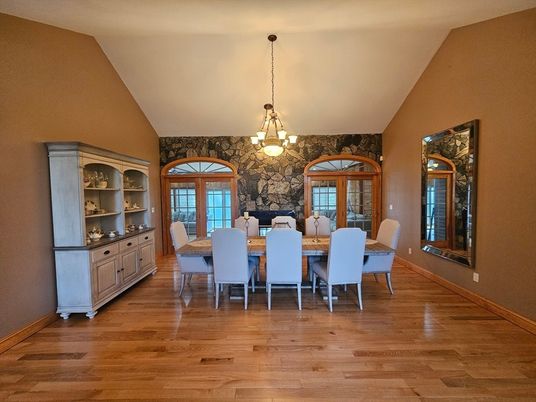 Dining room, Interior, Pendant Lights, Stone Walls, Wood Texture Flooring