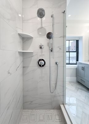 Bathroom, Glass Shower, Interior, Marble, Marble Walls, Recessed Lighting