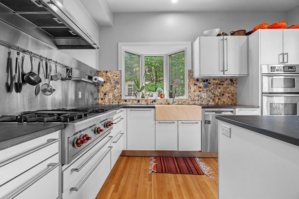Interior, Kitchen, Recessed Lighting, Stainless Steel Appliances, Wood Texture Flooring