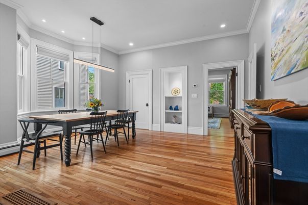 Dining room, Interior, Pendant Lights, Recessed Lighting, Wood Texture Flooring