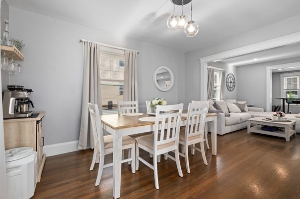 Dining room, Interior, Living room, Pendant Lights, Recessed Lighting, Wood Texture Flooring