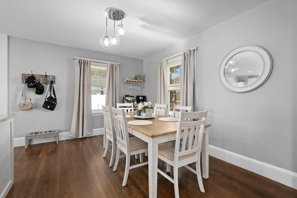 Dining room, Interior, Pendant Lights, Wood Texture Flooring