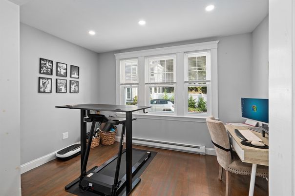 Fitness Equipment, Home Office, Interior, Recessed Lighting, Wood Texture Flooring