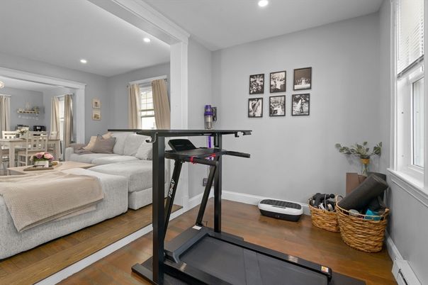Dining room, Fitness Equipment, Interior, Recessed Lighting, Wood Texture Flooring