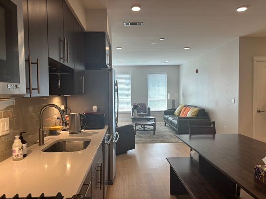 Dining room, Interior, Kitchen, Living room, Recessed Lighting, Wood Texture Flooring