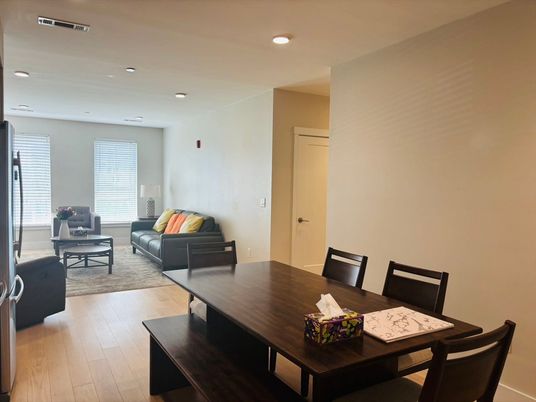 Dining room, Interior, Living room, Recessed Lighting, Wood Texture Flooring