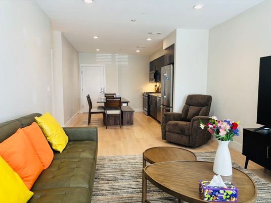 Dining room, Interior, Kitchen, Living room, Recessed Lighting, Stainless Steel Appliances, Wood Texture Flooring