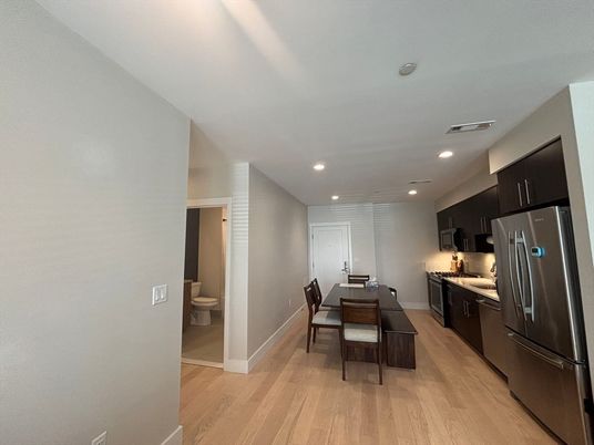 Dining room, Interior, Kitchen, Recessed Lighting, Wood Texture Flooring
