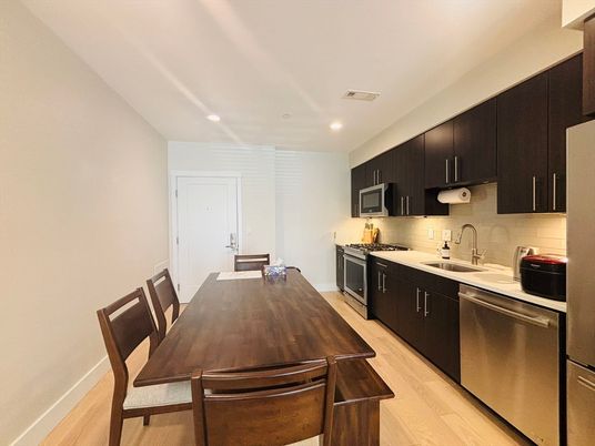 Dining room, Interior, Kitchen, Recessed Lighting, Wood Texture Flooring
